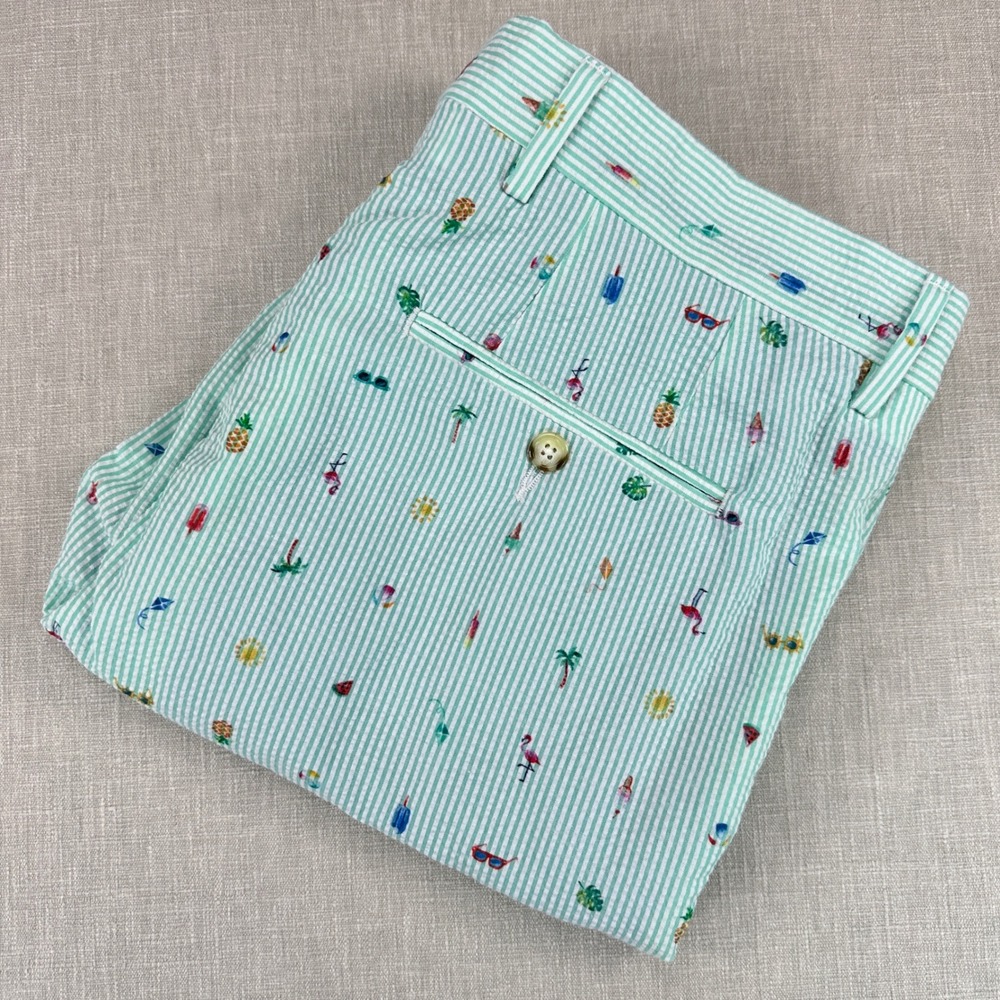 Haspel Seersucker Shorts Mens 34 Green White Striped Tropical Flamingo EUC